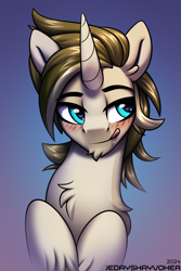 Size: 2000x3000 | Tagged: safe, artist:jedayskayvoker, derpibooru import, oc, oc only, oc:valsie, pony, unicorn, adorasexy, bedroom eyes, blushing, bust, chest fluff, chin fluff, cute, ear fluff, ears, eyebrows, gradient background, horn, icon, male, portrait, sexy, solo, stallion, tongue, tongue out, unicorn oc, unshorn fetlocks