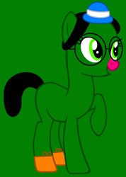 Size: 644x907 | Tagged: safe, artist:flaremane, artist:spitfirethepegasusfan39, derpibooru import, earth pony, pony, g4, adult blank flank, base used, blank flank, bowler hat, clothes, female, glasses, green background, hat, little miss, little miss neat, mare, mr. men, mr. men little miss, open mouth, open smile, pink nose, ponified, raised hoof, raised leg, shoes, simple background, smiling, sneakers, solo, species swap