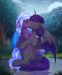 Size: 3300x3965 | Tagged: dead source, safe, artist:pesty_skillengton, derpibooru import, oc, oc only, alicorn, bat pony, bat pony alicorn, pony, bat pony oc, bat wings, blushing, chest fluff, colored wings, couple, duo, ear tufts, ears back, eyes closed, female, forest, french kiss, gradient legs, horn, hybrid wings, kissing, kissing in the rain, love, making out, male, male alicorn, mare, multicolored wings, nature, oc x oc, partially open wings, rain, scar, shipping, shoulder fluff, sitting, stallion, straight, tree, water, wings