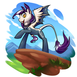 Size: 800x800 | Tagged: safe, artist:bestary, derpibooru import, oc, pony, undead, vampire, vampony, 2d, cloud, golden eyes, grass, hair tie, looking at you, mountain, nature, raised hoof, raised leg, rock, simple background, smiling, smiling at you, standing, transparent background, wings