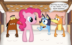 Size: 1128x708 | Tagged: safe, artist:porygon2z, derpibooru import, pinkie pie, beaver, dog, earth pony, fox, pony, g4, angry beavers, australian cattle dog, bed, bluey, bluey heeler, crossover, daggett doofus beaver, dialogue, dora the explorer, female, male, mare, pillow, smiling, swiper