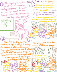 Size: 4779x6013 | Tagged: safe, artist:adorkabletwilightandfriends, derpibooru import, apple bloom, cheerilee, scootaloo, sweetie belle, pegasus, pony, unicorn, comic:adorkable twilight and friends, g4, adorkable, adorkable friends, angry, back of head, bag, bipedal, bow, chalk, chalkboard, comic, cute, cutie mark crusaders, dork, drawing, excited, female, filly, foal, forest, funny, grass, handwriting, happy, homework, humor, listening, madorable, mare, nature, puddle, reality shift, saddle bag, school, sidewalk, sign, slice of life, smiling, stone, tree, walking, water, wet