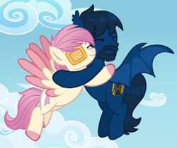 Size: 1100x922 | Tagged: safe, artist:jennieoo, derpibooru import, oc, oc:atin nyamic, bat pony, pegasus, pony, bat pony oc, beard, eyepatch, eyes closed, facial hair, flying, friends, gift art, hug, hugging a pony, present, show accurate, sketch, smiling, spread wings, wings