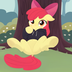 Size: 2560x2560 | Tagged: safe, ai content, alternate version, derpibooru import, machine learning assisted, apple bloom, earth pony, pony, g4, belly button, blushing, bush, butt, clothes, cute, dock, ears, featureless crotch, female, filly, floppy ears, flower, foal, frog (hoof), high res, hoodie, hoof on cheek, looking at you, plot, sitting, smiling, smiling at you, spread legs, spreading, tail, tree, underhoof