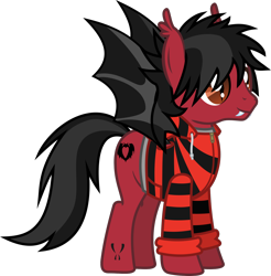 Size: 1372x1395 | Tagged: safe, artist:lightningbolt, derpibooru exclusive, derpibooru import, bat pony, pony, .svg available, bat wings, clothes, ear fluff, ears, fall out boy, fangs, hair over one eye, hoodie, male, pete wentz, ponified, show accurate, simple background, slit eyes, smiling, solo, species swap, spread wings, stallion, standing, svg, tattoo, transparent background, vector, wings