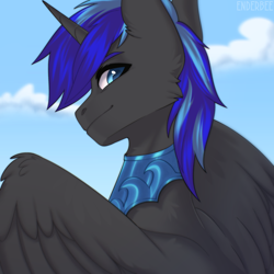 Size: 2400x2400 | Tagged: safe, artist:enderbee, derpibooru import, oc, alicorn, pony, armor, armored pony, blue eyes, blue hair, bust, commission, looking at you, looking back, portrait, sky, smiling, smiling at you, solo, ych result