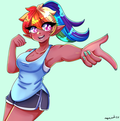 Size: 2079x2100 | Tagged: safe, artist:mylittleyuri, derpibooru import, rainbow dash, human, g4, armpits, breasts, cleavage, clothes, elf ears, eye clipping through hair, female, green background, high res, humanized, nail polish, open mouth, open smile, rainboob dash, shorts, signature, simple background, smiling, solo, tan skin