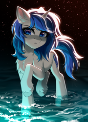 Size: 3100x4298 | Tagged: safe, artist:hakaina, derpibooru import, oc, oc only, oc:eden, oc:eden (across the divide), pony, unicorn, fallout equestria, fallout equestria: across the divide, female, horn, mare, partially submerged, solo, standing in water, stars, unicorn oc, water, wingding eyes