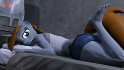 Size: 3840x2160 | Tagged: safe, artist:marianokun, derpibooru import, oc, oc:littlepip, anthro, plantigrade anthro, unicorn, fallout equestria, 3d, bed, blender, clothes, feet, looking at you, lying down, on bed, one eye closed, pants, prone, room, skirt, vault