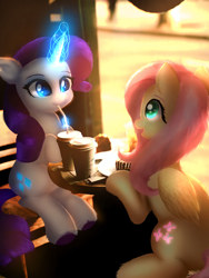 Size: 2304x3072 | Tagged: safe, artist:jaanhavi, derpibooru import, fluttershy, rarity, pegasus, pony, unicorn, g4, cafe, female, glowing, glowing cutie mark, glowing horn, horn, irl, levitation, looking at each other, looking at someone, magic, mare, photo, ponies in real life, telekinesis