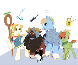 Size: 2272x1900 | Tagged: safe, artist:aztrial, derpibooru import, alicorn, cat, pegasus, pony, anime, armor, chilchuck tims, clothes, coat markings, delicious in dungeon, helmet, izutsumi, laios touden, leg fluff, marcille donato, open mouth, ponified, scarf, senshi, socks (coat marking), species swap, staff