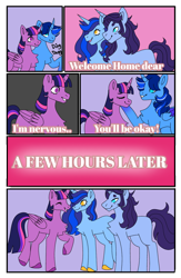 Size: 994x1528 | Tagged: safe, derpibooru import, twilight sparkle, twilight sparkle (alicorn), oc, oc:blue thunder, alicorn, pony, unicorn, comic, meeting, parent