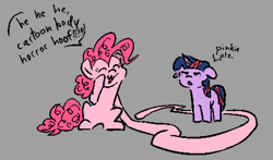 Size: 929x546 | Tagged: safe, artist:skookz, derpibooru import, pinkie pie, twilight sparkle, earth pony, pony, unicorn, g4, :3, duo, female, gray background, mare, noodle arms, simple background, speech bubble, stretchy, text