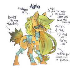 Size: 833x755 | Tagged: safe, artist:cutesykill, derpibooru import, applejack, earth pony, pony, g4, alternate design, alternate name, alternate tailstyle, alternate universe, applejack is not amused, bags under eyes, bandage, bandaged leg, beanbrows, big ears, burned, colored eyebrows, colored muzzle, colored pinnae, dirty, ear piercing, earring, ears, eyebrows, eyelashes, female, frown, glare, green eyes, hair over one eye, injured, jewelry, mare, messy mane, messy tail, narrowed eyes, one eye covered, piercing, ponytail, redesign, short tail, simple background, solo, standing, tail, text, unamused, white background