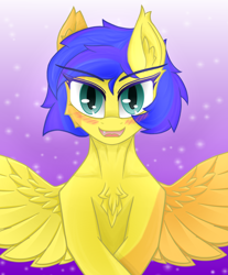 Size: 1200x1451 | Tagged: safe, artist:門久, derpibooru import, oc, oc only, pegasus, pony, semi-anthro, chest fluff, collarbone, ear fluff, ears, female, gradient background, looking at you, mare, open mouth, solo, spread wings, sternocleidomastoid, wings