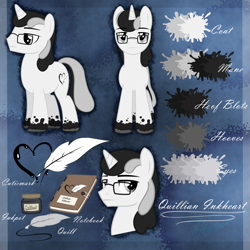 Size: 2000x2000 | Tagged: safe, artist:hoodwinkedtales, derpibooru import, oc, oc only, oc:quillian inkheart, unicorn, cutie mark, glasses, ink, inkwell, notebook, quill, quill pen, reference sheet, solo