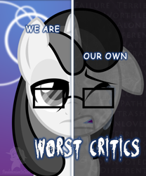 Size: 816x980 | Tagged: safe, artist:pandemonium is chaos, derpibooru import, oc, oc only, oc:quillian inkheart, pony, unicorn, crying, duality, glasses, insult, one ear down, solo, text, tired, two sided posters, two sides