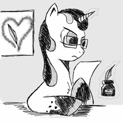 Size: 980x980 | Tagged: safe, artist:arcanelexicon, derpibooru import, oc, oc only, oc:quillian inkheart, pony, unicorn, cutie mark, glasses, ink, inkwell, magic, monochrome, quill, solo, telekinesis