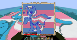 Size: 1920x1017 | Tagged: safe, derpibooru import, trixie, g4, axe, bread, cape, clothes, female, flag, heart, mare, minecraft, minecraft pixel art, pickaxe, pixel art, pride, pride flag, shovel, smiling, solo, sword, torch, trans trixie, transgender, transgender pride flag, trixie's cape, water, weapon