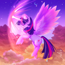 Size: 1000x1000 | Tagged: safe, artist:julieee3e, derpibooru import, twilight sparkle, twilight sparkle (alicorn), alicorn, pony, cloud, crescent moon, eyes closed, female, flying, magic, mare, moon, night, signature, sky, spread wings, starry sky, stars, wings