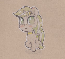 Size: 1397x1269 | Tagged: safe, artist:foxtrot3, derpibooru import, oc, oc only, oc:mint leaf, unicorn, bow, choker, collar, cutie mark, ink, simple background, tan background, traditional art