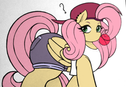 Size: 2048x1423 | Tagged: safe, artist:artmorheart, derpibooru import, fluttershy, pegasus, pony, g4, 90s grunge fluttershy, adorasexy, alternate clothes, backwards ballcap, baseball cap, bubblegum, butt, cap, clothes, cute, ear piercing, flutterbutt, food, gum, hat, large butt, looking at you, piercing, question mark, sexy, shorts, simple background, tanktop, white background, wings