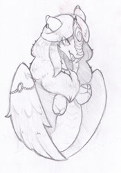 Size: 539x770 | Tagged: safe, artist:foxtrot3, derpibooru import, oc, oc only, oc:rinkhal, hybrid, kirin, lamia, original species, ear piercing, earring, evil, fangs, grin, jewelry, piercing, smiling, solo, traditional art, wings