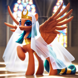 Size: 1024x1024 | Tagged: safe, ai content, derpibooru import, generator:pony diffusion v6 xl, generator:stable diffusion, machine learning generated, somnambula, pegasus, pony, g4, church, clothes, dress, female, indoors, looking at you, mare, prompt in description, prompter:maresforever, side view, smiling, smiling at you, solo, spread wings, veil, wedding dress, wedding veil, wings