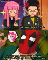 Size: 826x1024 | Tagged: safe, artist:brennimurasaki, derpibooru import, pinkie pie, earth pony, human, pony, 90s anime, anime, anime style, barely pony related, deadpool, deadpool 2, marvel, movie quote, negasonic teenage warhead, yukio