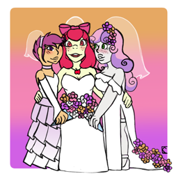 Size: 1000x1000 | Tagged: safe, artist:mintymelody, derpibooru import, apple bloom, scootaloo, sweetie belle, human, g4, blushing, bride, clothes, cutie mark crusaders, dress, gradient background, humanized, marriage, redraw, veil, wedding, wedding veil