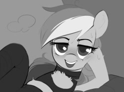 Size: 787x584 | Tagged: safe, artist:_ton618_, derpibooru import, rainbow dash, pegasus, pony, bedroom eyes, boob window, chest fluff, clothes, female, grayscale, looking at you, mare, monochrome, open mouth, open smile, smiling, smiling at you, solo, wip