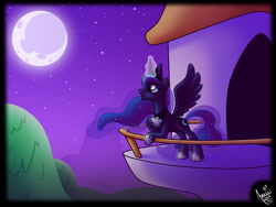 Size: 2000x1500 | Tagged: safe, artist:amuzoreh, derpibooru import, princess luna, alicorn, pony, balcony, canterlot castle, female, full moon, glowing, glowing horn, horn, mare, moon, night, singing, solo