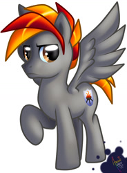 Size: 1153x1565 | Tagged: safe, alternate version, artist:amuzoreh, derpibooru import, oc, oc only, oc:watchfire, pegasus, pony, frown, male, raised hoof, raised leg, simple background, solo, spread wings, stallion, white background, wings