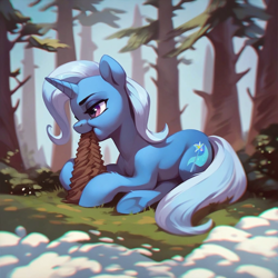 Size: 1024x1024 | Tagged: safe, ai content, derpibooru import, generator:purplesmart.ai, generator:stable diffusion, machine learning generated, trixie, pony, unicorn, g4, eating, forest, lying down, nature, pinecone, prompter:*rainbow dash*, prone, snow, tree, trixie eating pinecones