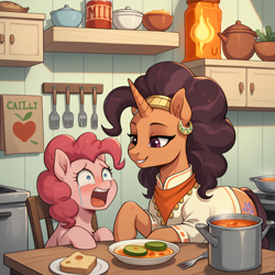 Size: 2048x2048 | Tagged: safe, ai content, derpibooru import, generator:stable diffusion, machine learning generated, pinkie pie, saffron masala, earth pony, pony, unicorn, g4, bowl, bread, chair, chest fluff, chilli, clothes, crying, duo, duo female, ear fluff, ear piercing, earring, ears, female, food, fork, generator:confetticomrademix, high res, indoors, jar, jewelry, kitchen, mare, open mouth, piercing, plate, pot, prompter:tyto4tme4l, smiling, spatula, spicy, stove, table, tears of pain, teary eyes