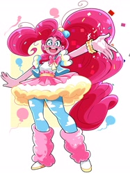 Size: 2565x3437 | Tagged: safe, artist:eemapso, derpibooru import, pinkie pie, human, g4, big hair, blushing, bow, bracelet, clothes, dress, eyebrows, eyebrows visible through hair, female, humanized, jewelry, leg warmers, leggings, open mouth, passepartout, ponytail, simple background, skirt, smiling, solo, white background