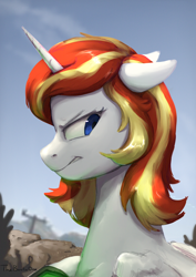 Size: 2478x3506 | Tagged: safe, artist:thebowtieone, derpibooru import, oc, oc only, oc:thunder mane, alicorn, fallout equestria, alicorn oc, angry, blue eyes, bust, fallout equestria oc, female, horn, mare, pipbuck, raffle prize, scenery, solo, wings