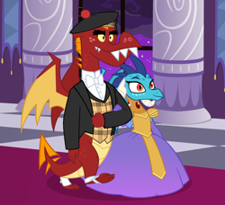 Size: 950x867 | Tagged: safe, artist:queencold, derpibooru import, garble, princess ember, dragon, argyle jacket, balmoral bonnet, beautiful, bowtie, canterlot, clothes, dress, female, gown, hat, male, princess dress, scottish, ship:emble, shipping, shirt, spats, straight, tartan, tartan waistcoat, waistcoat