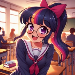 Size: 1024x1024 | Tagged: source needed, safe, ai content, derpibooru import, generator:bing image creator, generator:dall-e 3, machine learning generated, twilight sparkle, human, adorkable, alternate hair color, alternate hairstyle, anime, blushing, bow, bust, classroom, clothes, cute, desk, dork, glasses, hair bow, humanized, indoors, looking at you, portrait, prompter needed, school desk, school uniform, smiling, smiling at you