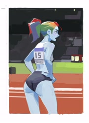 Size: 6000x8278 | Tagged: safe, artist:hyung7754, derpibooru import, rainbow dash, human, equestria girls, g4, booty shorts, clothes, female, high res, ponytail, shorts, solo, sports shorts, stadium, sweat, workout, workout outfit