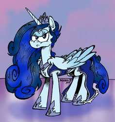 Size: 1590x1677 | Tagged: safe, artist:andreu-t, derpibooru import, oc, oc only, alicorn, pony, alicorn oc, annoyed, clothes, dress, hoof shoes, horn, jewelry, looking at you, pouting, regalia, solo, wings