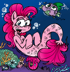 Size: 1281x1309 | Tagged: safe, artist:andreu-t, derpibooru import, pinkie pie, spike, earth pony, fish, seapony (g4), my little pony: the movie, bubble, coral, crepuscular rays, dorsal fin, female, fin, fins, fish tail, fishing hook, flowing mane, flowing tail, hook, looking at you, mare, ocean, open mouth, open smile, puffer fish, scales, seaponified, seapony pinkie pie, seaweed, smiling, smiling at you, species swap, spike the pufferfish, sunlight, swimming, tail, underwater, water