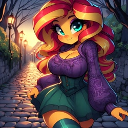 Size: 1024x1024 | Tagged: safe, ai content, derpibooru import, generator:dall-e 3, machine learning generated, sunset shimmer, equestria girls, g4, blushing, breasts, cleavage, clothes, corset, lamp, long sleeves, prompter:glimmy-glam, red nose, skirt, smiling, socks, street, sunset jiggler, sweater, thigh highs, thighs, thunder thighs, tree, walking, wide hips