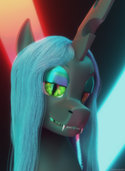 Size: 2200x3000 | Tagged: safe, alternate version, artist:radiomann01, derpibooru import, queen chrysalis, changeling, changeling queen, g4, 3d, blender, blender cycles, bust, fangs, female, high res, horn, looking at you, mane, missing accessory, open mouth, portrait, render, sharp teeth, simple background, smiling, solo, teeth