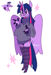 Size: 1061x1557 | Tagged: safe, artist:lizbee0820, derpibooru import, twilight sparkle, twilight sparkle (alicorn), alicorn, anthro, pony, clothes, open mouth, open smile, simple background, smiling, socks, solo, stockings, striped socks, sweater, thigh highs, white background