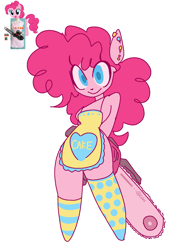 Size: 1061x1450 | Tagged: safe, artist:lizbee0820, derpibooru import, pinkie pie, anthro, earth pony, pony, apron, chainsaw, clothes, cute, diapinkes, holding, smiling, socks, solo, standing