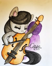 Size: 3024x3780 | Tagged: safe, artist:meowmeows, artist:meowmeows4872, derpibooru import, octavia melody, earth pony, pony, eyes closed, female, mare, musical instrument, solo, traditional art, violin, watercolor painting