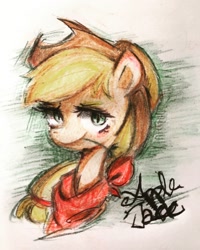 Size: 1600x2000 | Tagged: safe, artist:meowmeows, artist:meowmeows4872, derpibooru import, applejack, earth pony, pony, bust, colored pencil drawing, female, mare, smiling, solo, traditional art