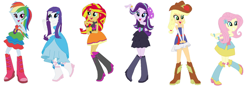 Size: 1276x450 | Tagged: safe, artist:diana173076, derpibooru import, applejack, fluttershy, rainbow dash, rarity, starlight glimmer, sunset shimmer, human, equestria girls, g4, alternate design, alternate hairstyle, alternate universe, boots, butterfly hairpin, dashverse, fall formal outfits, grin, hat, humanized, open mouth, open smile, shoes, simple background, smiling, white background