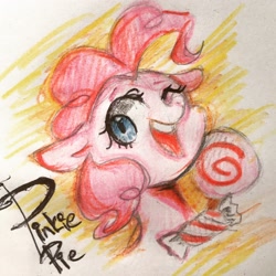 Size: 2000x2000 | Tagged: safe, artist:meowmeows, artist:meowmeows4872, derpibooru import, earth pony, pony, candy, food, lollipop, one eye closed, open mouth, open smile, pencil drawing, smiling, solo, traditional art, wink